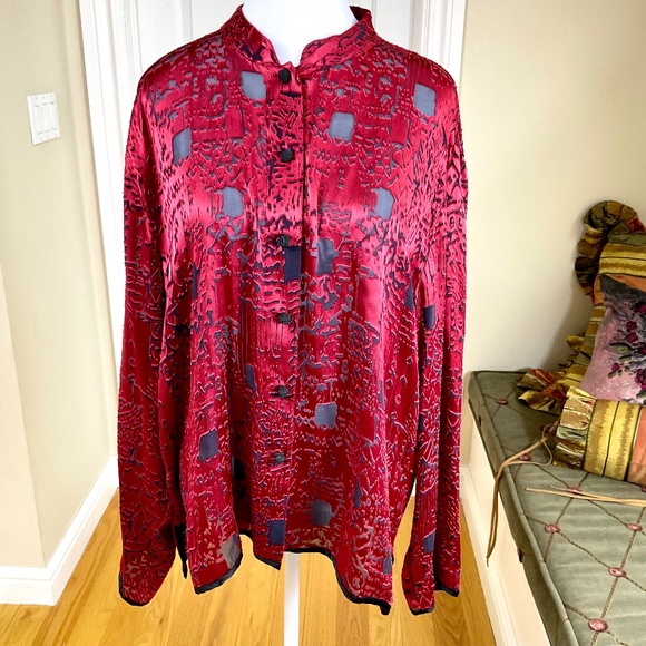 Chico’s Blouse Silk Blend Red Asian Style Buttonfront (3, XL) - Picture 1 of 7